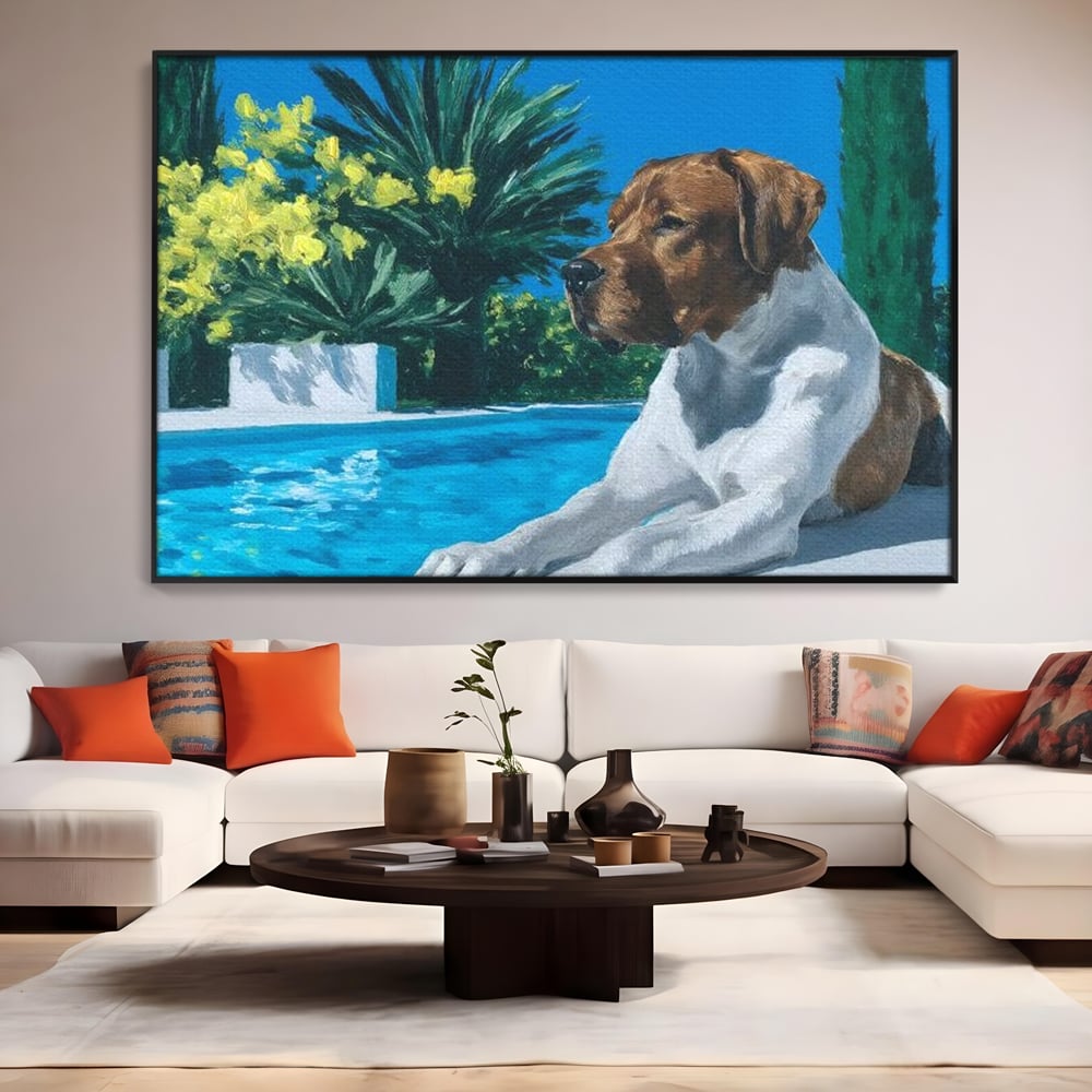 Tablou canvas cu tablou canvas cu caine la piscina, in rama de aluminiu negru, pe perete intr-un living